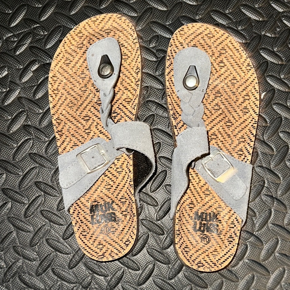 Muk Luks Gray and Tan Sandals